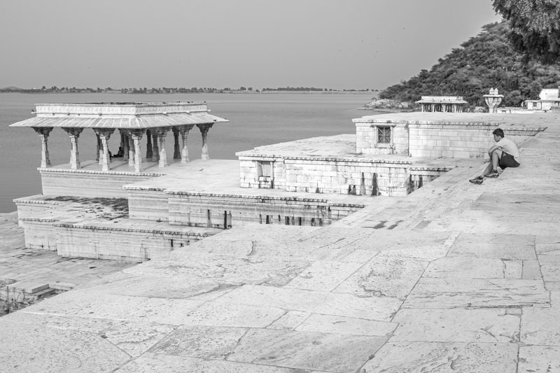 A series of three large platforms ('chabutara') ending in a pavilion ('mandap') having beautiful carvings on the embankment of Rajsamand Lake